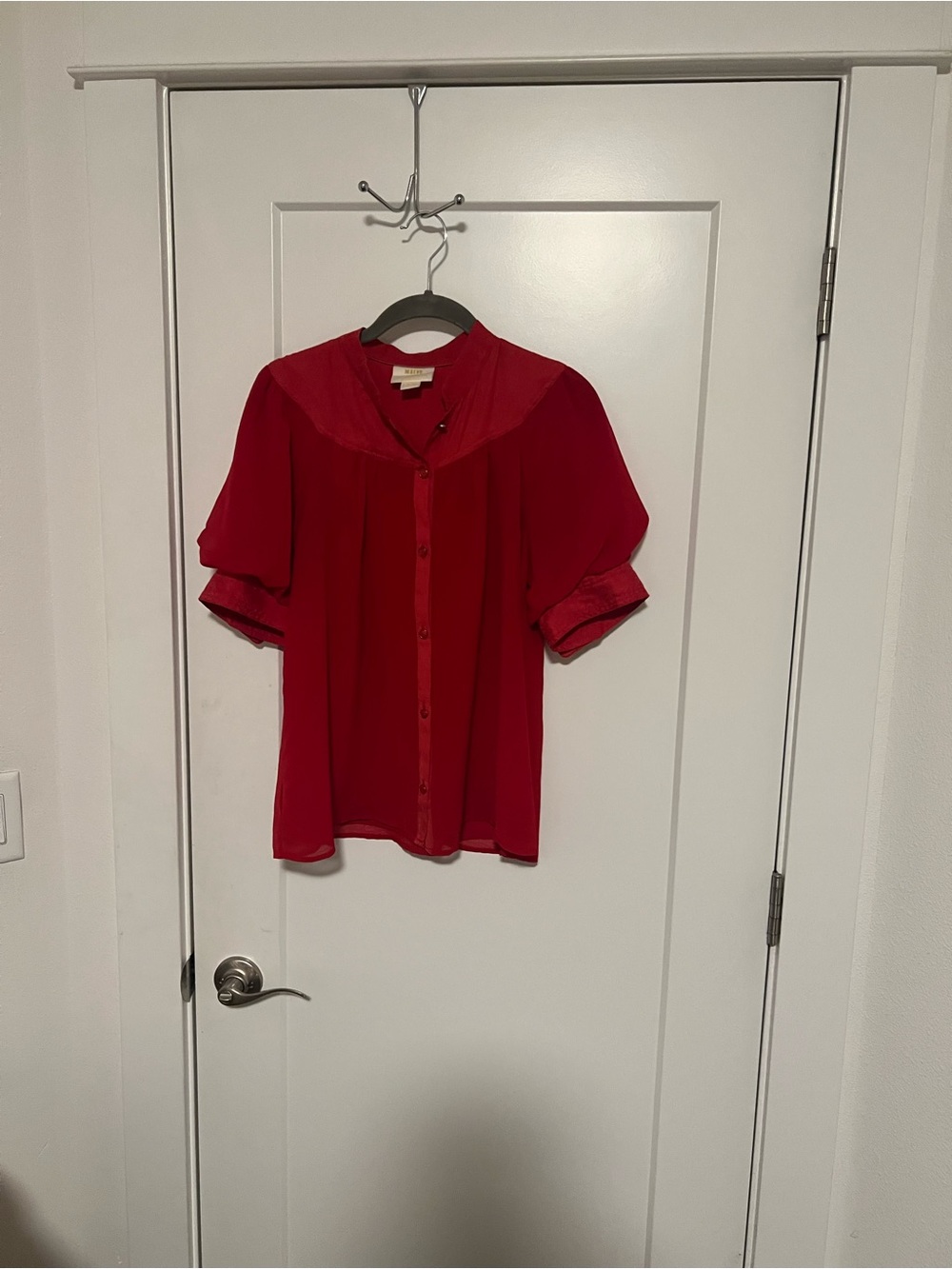 Maeve Red Puff-Sleeve Button Front Blouse